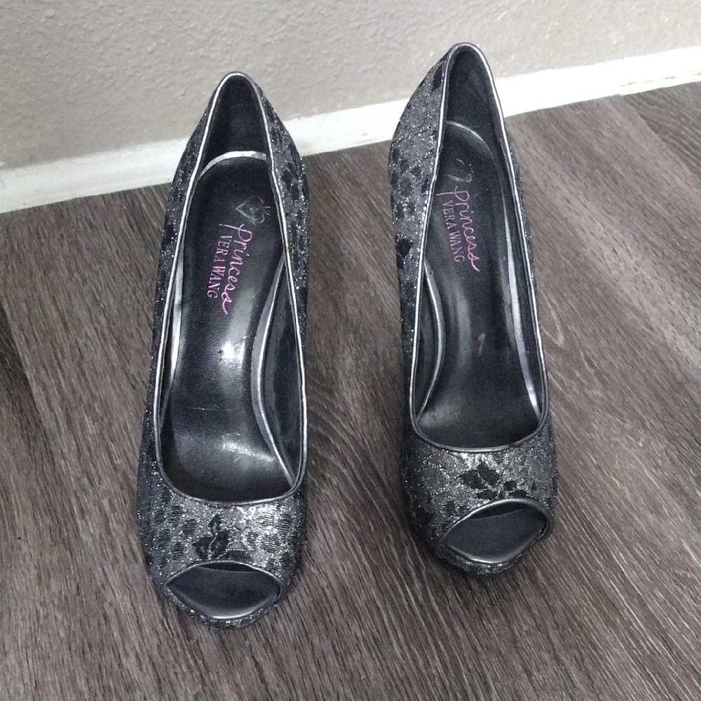 Vera Wang Princess Black and Silver Peep Toe Heels